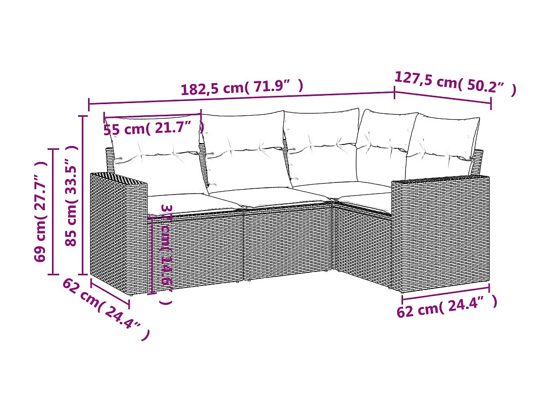 Salon de jardin 4 pcs avec coussins marron résine tressée FR24308