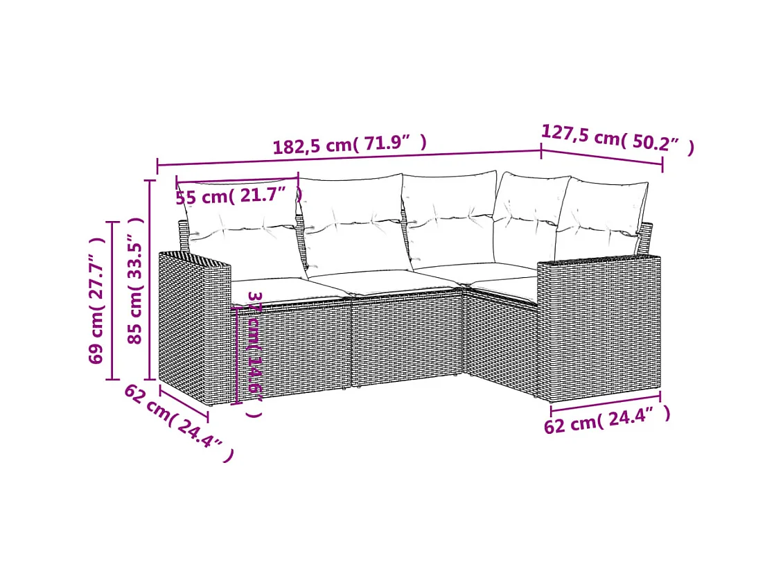 Salon de jardin 4 pcs avec coussins marron résine tressée FR24308
