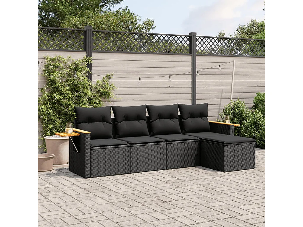 5-delige Loungeset met kussens poly rattan zwart BE725250