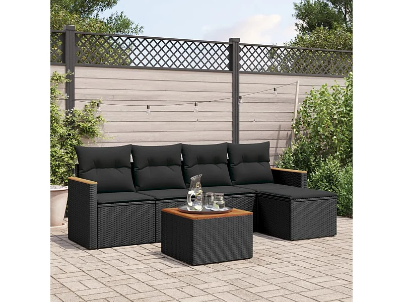 6 pcs conjunto sofás de jardim c/ almofadões vime PE preto PT922331