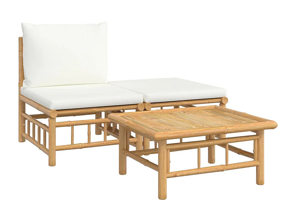 Salon de jardin 3 pcs avec coussins blanc crème bambou FR32944