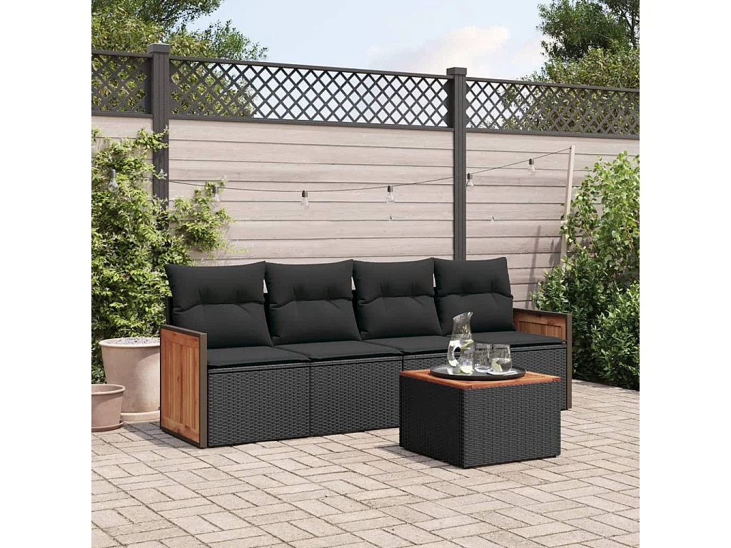 Salon de jardin 5 pcs avec coussins noir résine tressée FR39141