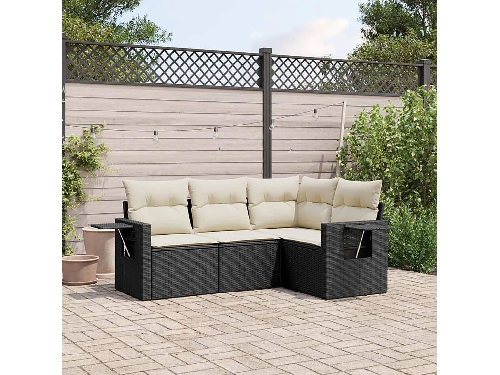 4-delige Loungeset met kussens poly rattan zwart BE711475
