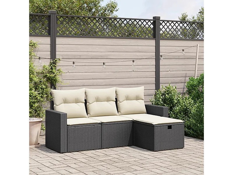 Salon de jardin 4 pcs avec coussins noir résine tressée FR51198