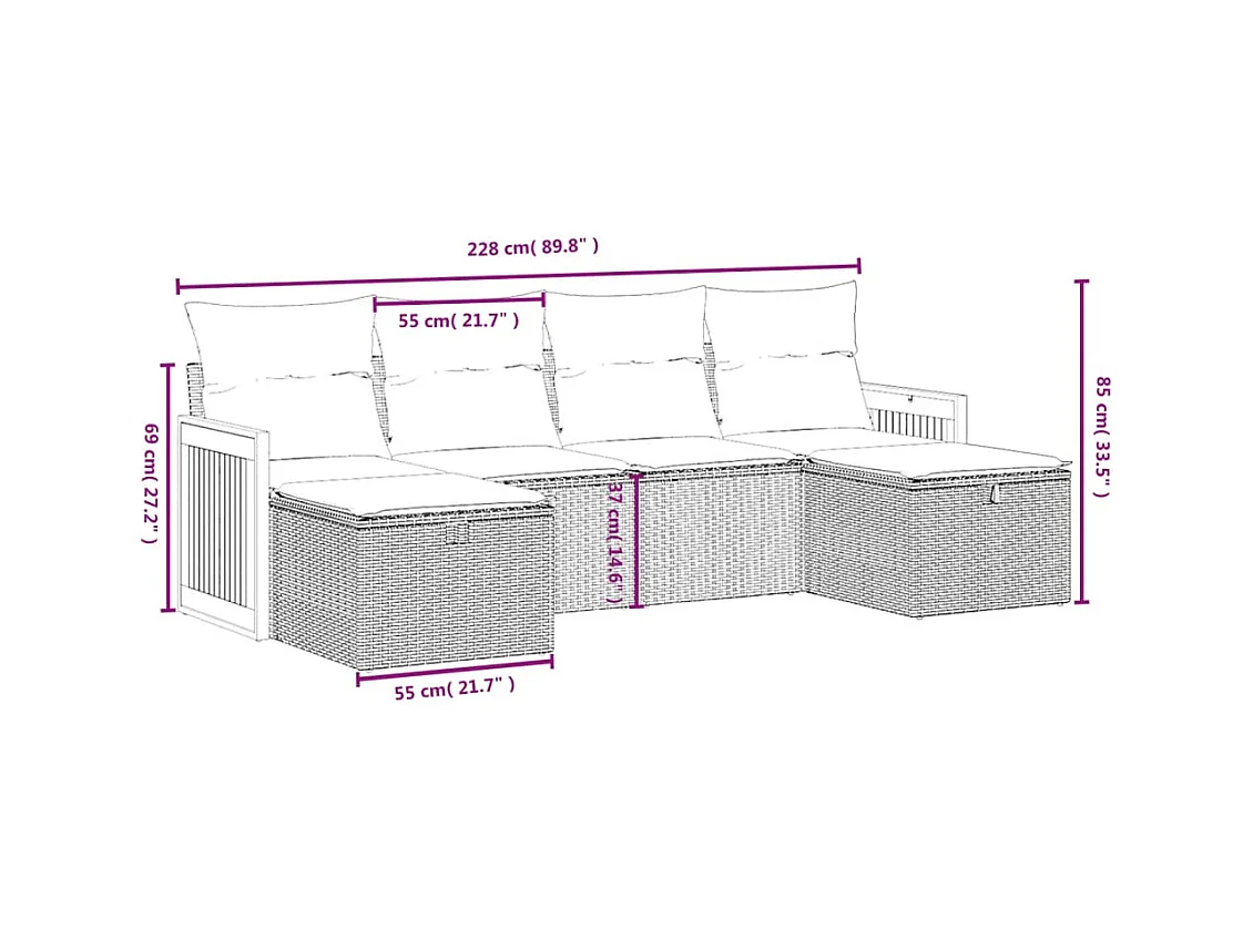 6 pcs conjunto sofás de jardim c/ almofadões vime PE preto PT108994