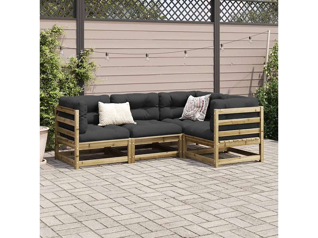 4 pcs conjunto sofás p/ jardim com almofadões pinho impregnado PT617105