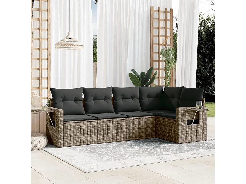 Salon de jardin 5 pcs avec coussins gris résine tressée FR22765