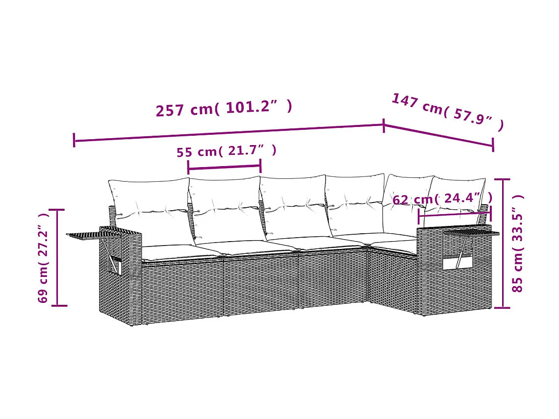 Salon de jardin 5 pcs avec coussins gris résine tressée FR22765