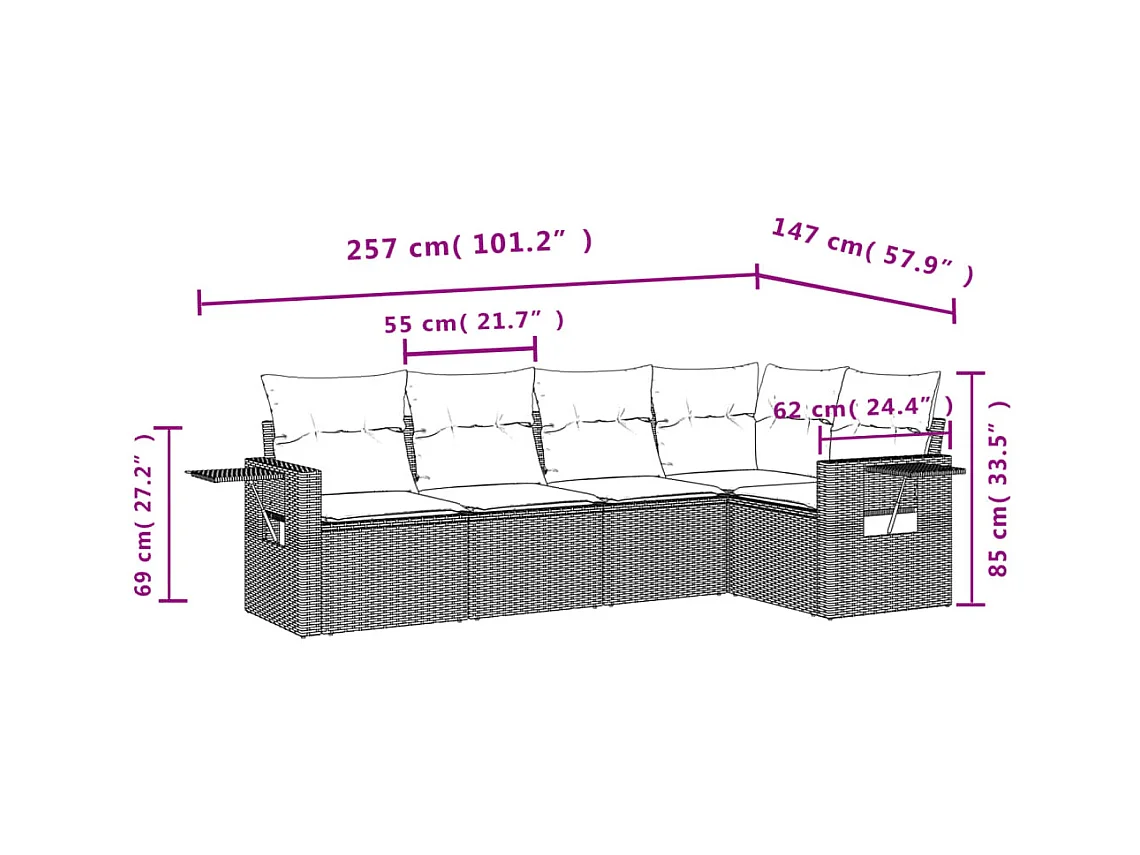 5 pcs conjunto sofás de jardim c/ almofadões vime PE cinzento PT142724