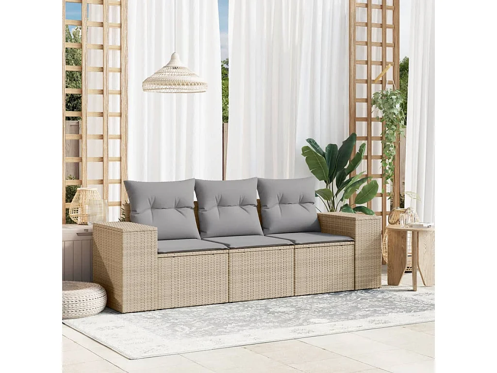 3 pcs conjunto de sofás p/ jardim com almofadões vime PE bege PT652283