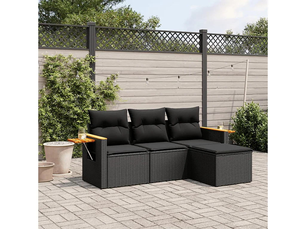 Salon de jardin 4 pcs avec coussins noir résine tressée FR29821