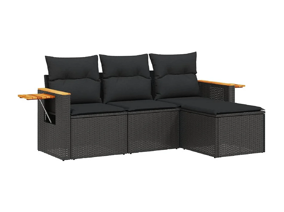Salon de jardin 4 pcs avec coussins noir résine tressée FR29821