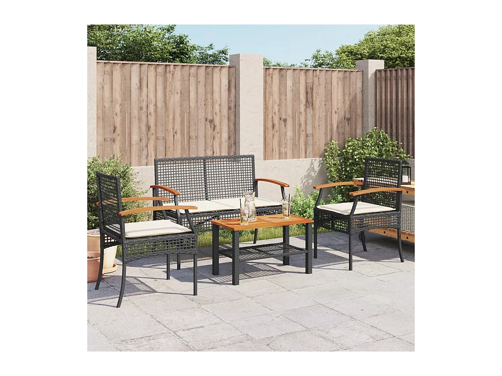 Salon de jardin 4 pcs avec coussins Noir Résine tressée FR80501