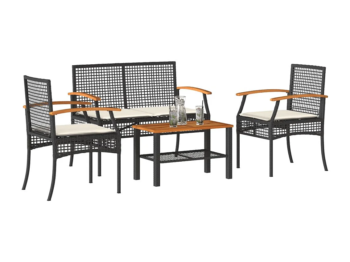 Salon de jardin 4 pcs avec coussins Noir Résine tressée FR80501