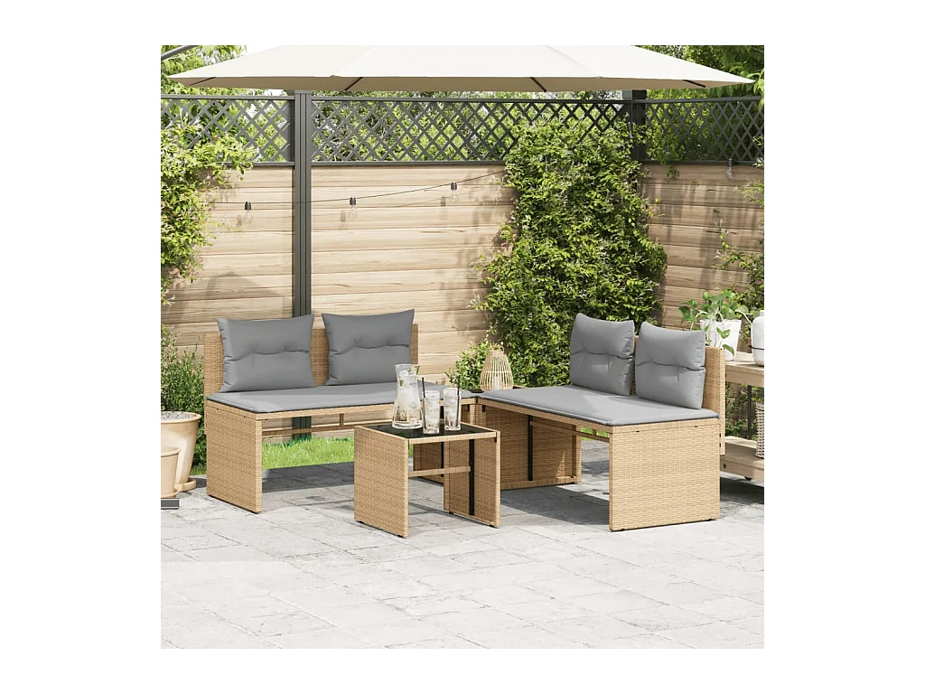 4 pcs conjunto de sofás para jardim c/ almofadões vime PE bege PT397798