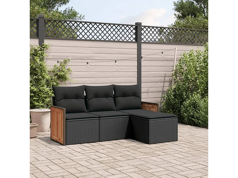 Salon de jardin 4 pcs avec coussins noir résine tressée FR10941