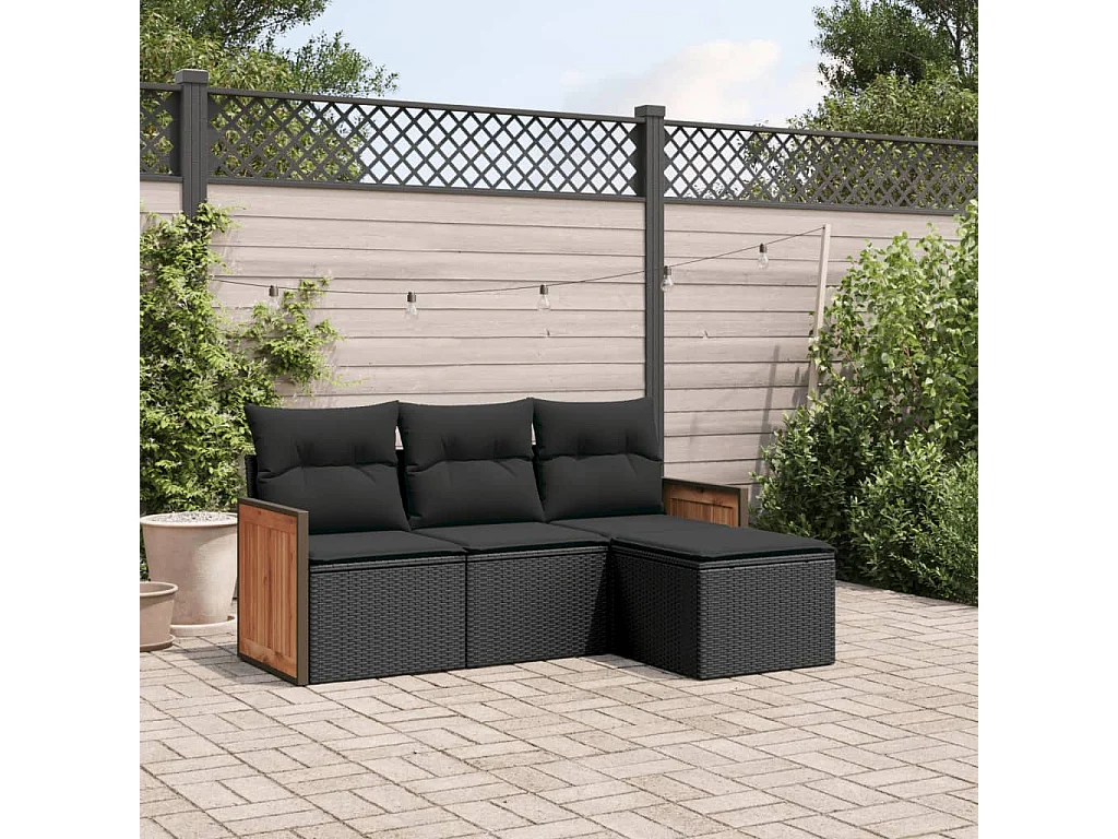 Salon de jardin 4 pcs avec coussins noir résine tressée FR10941