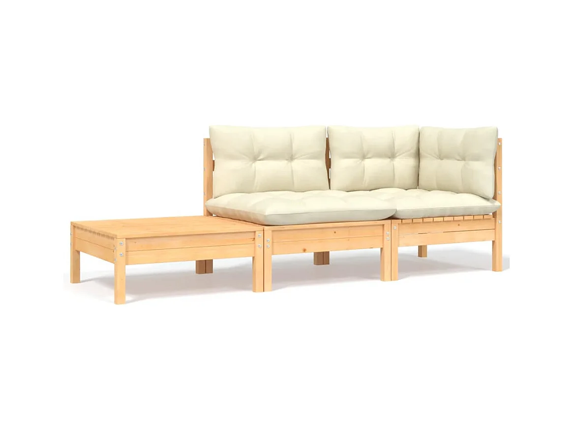 Salon de jardin 3 pcs avec coussins crème Bois de pin massif FR15398