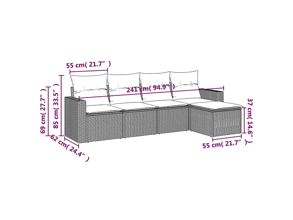 5 pcs conjunto sofás de jardim com almofadões vime PE preto PT867613
