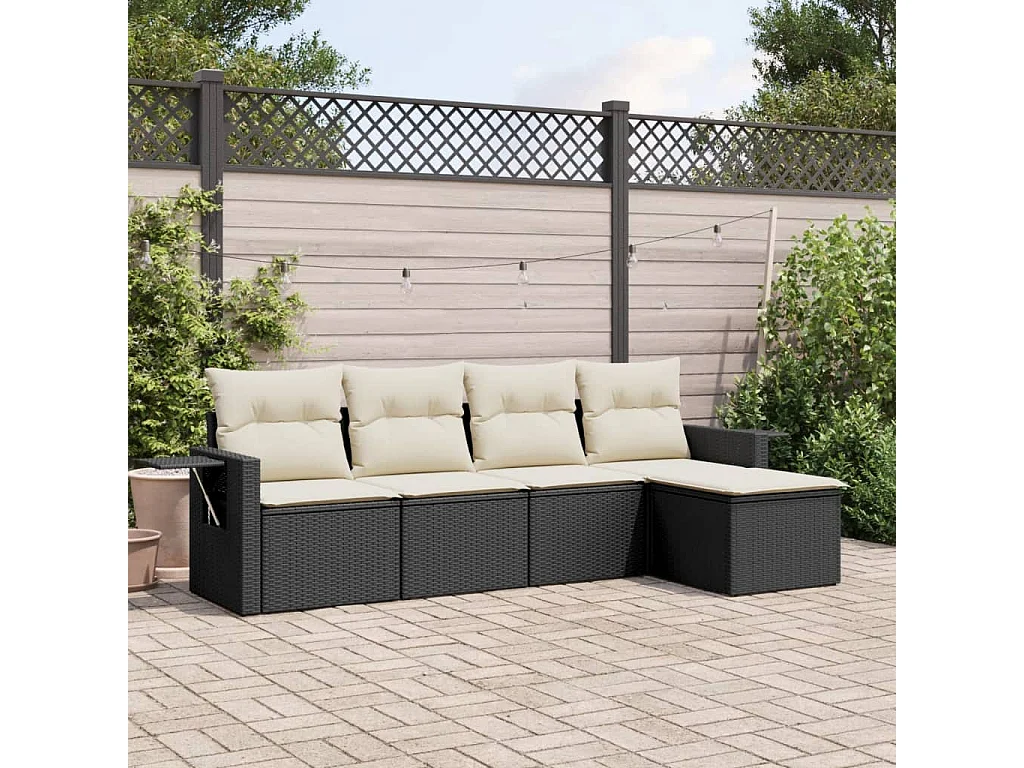 5-delige Loungeset met kussens poly rattan zwart BE646875
