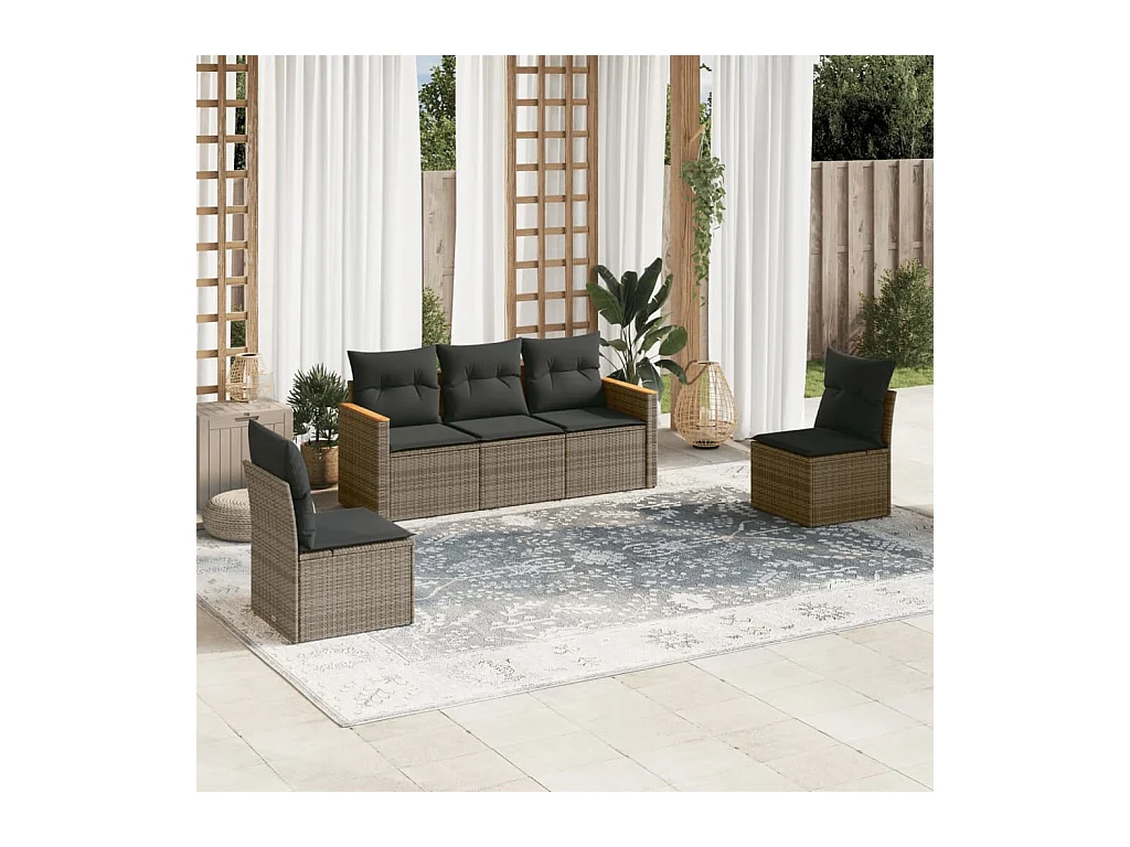 Salon de jardin 5 pcs avec coussins gris résine tressée FR37972