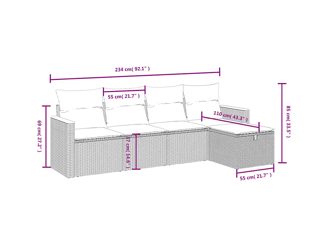 5 pcs conjunto sofás de jardim com almofadões vime PE preto PT449807