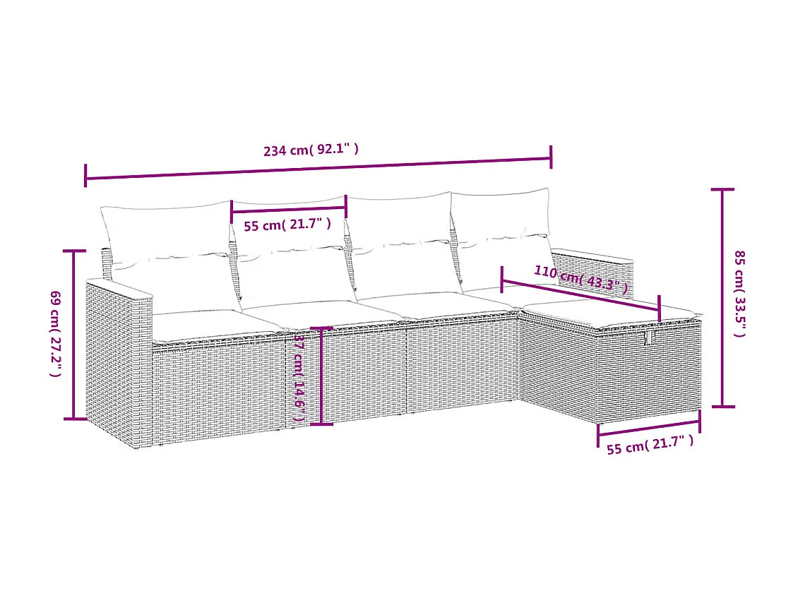 5 pcs conjunto sofás de jardim com almofadões vime PE preto PT449807