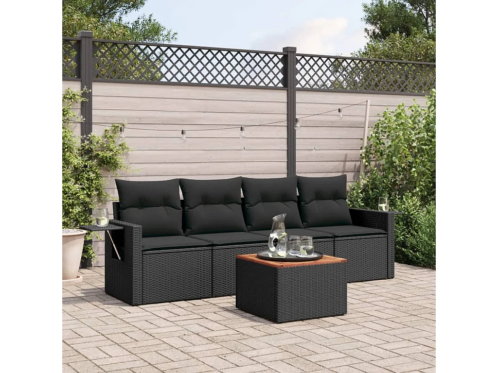 Salon de jardin 5 pcs avec coussins noir résine tressée FR63055