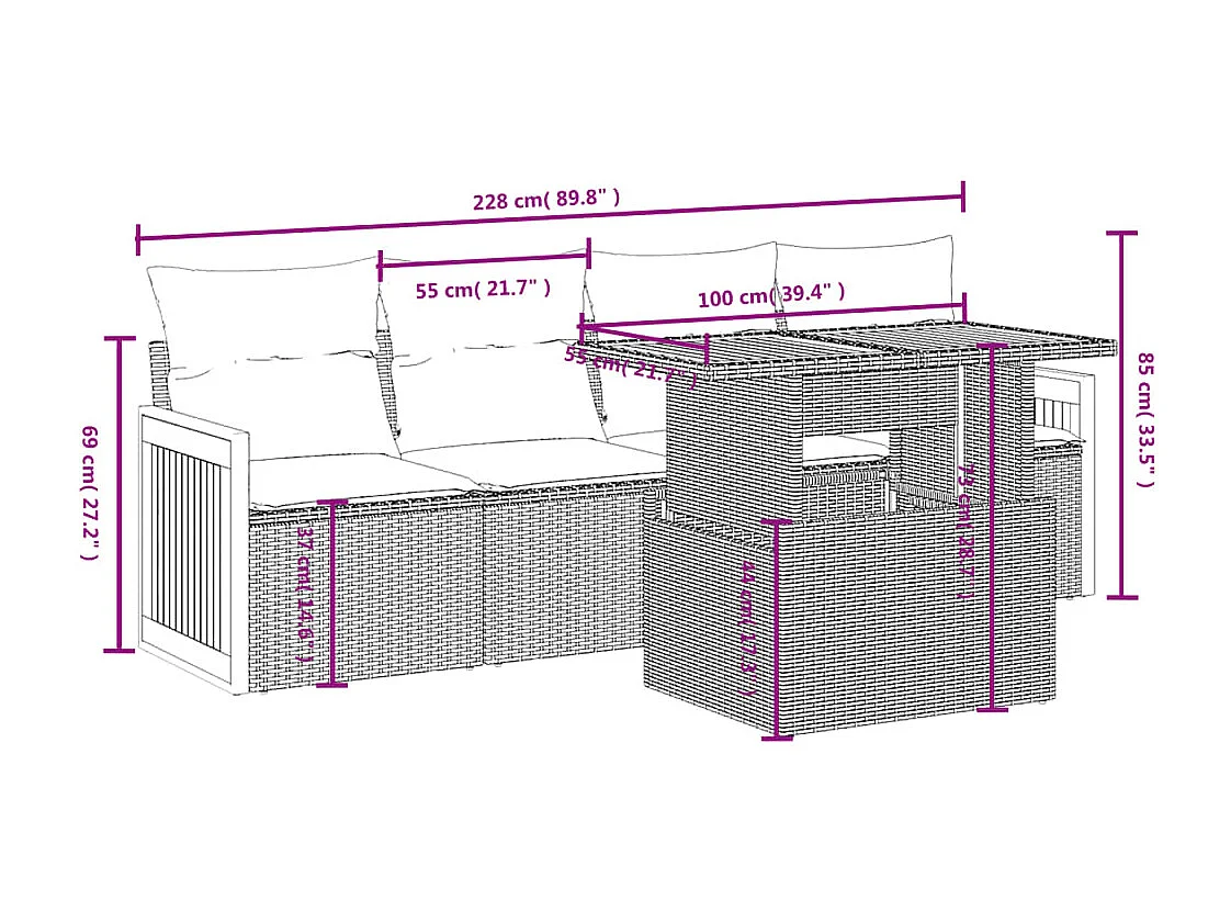 Conjunto de jardín 5 pzas y cojines ratán sintético negro ES242896