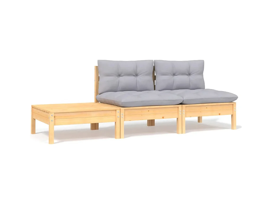 Salon de jardin 3 pcs avec coussins gris Bois de pin massif FR34226