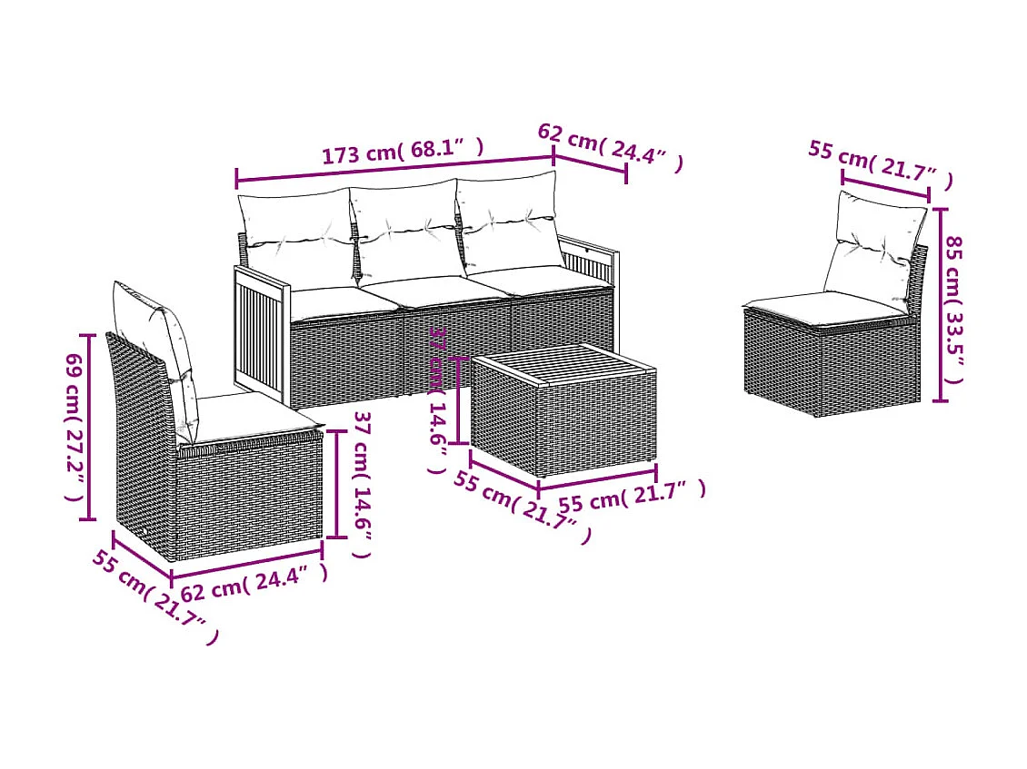 6 pcs conjunto sofás de jardim com almofadões vime cinzento PT124655