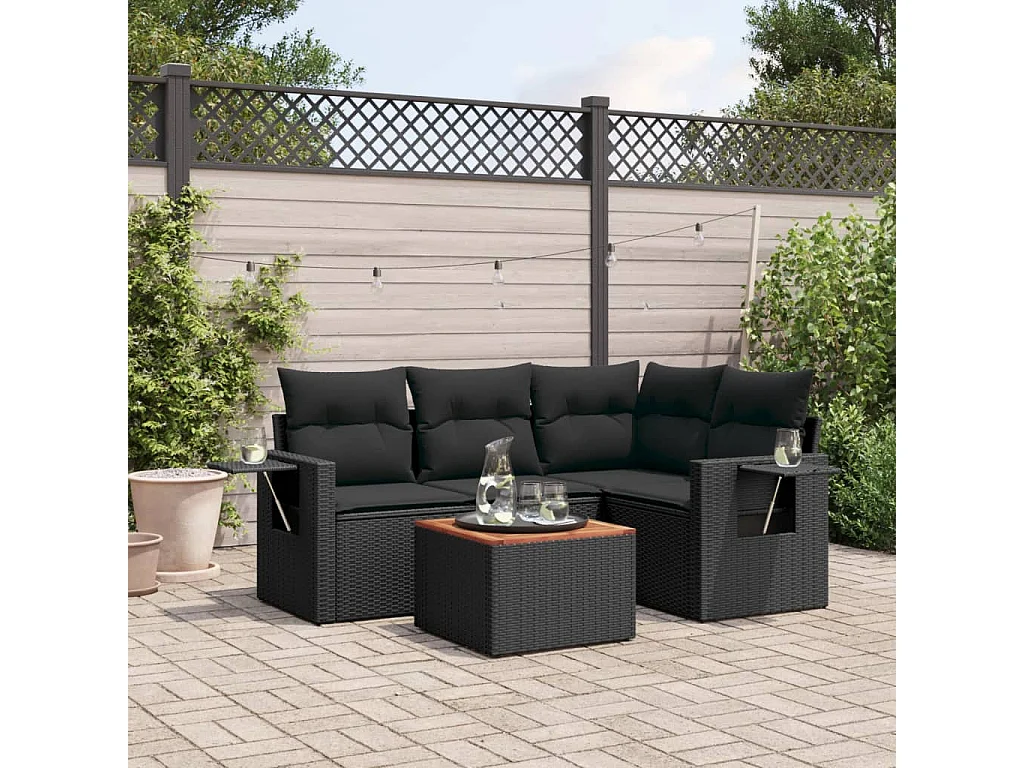 5 pcs conjunto sofás de jardim com almofadões vime PE preto PT669936