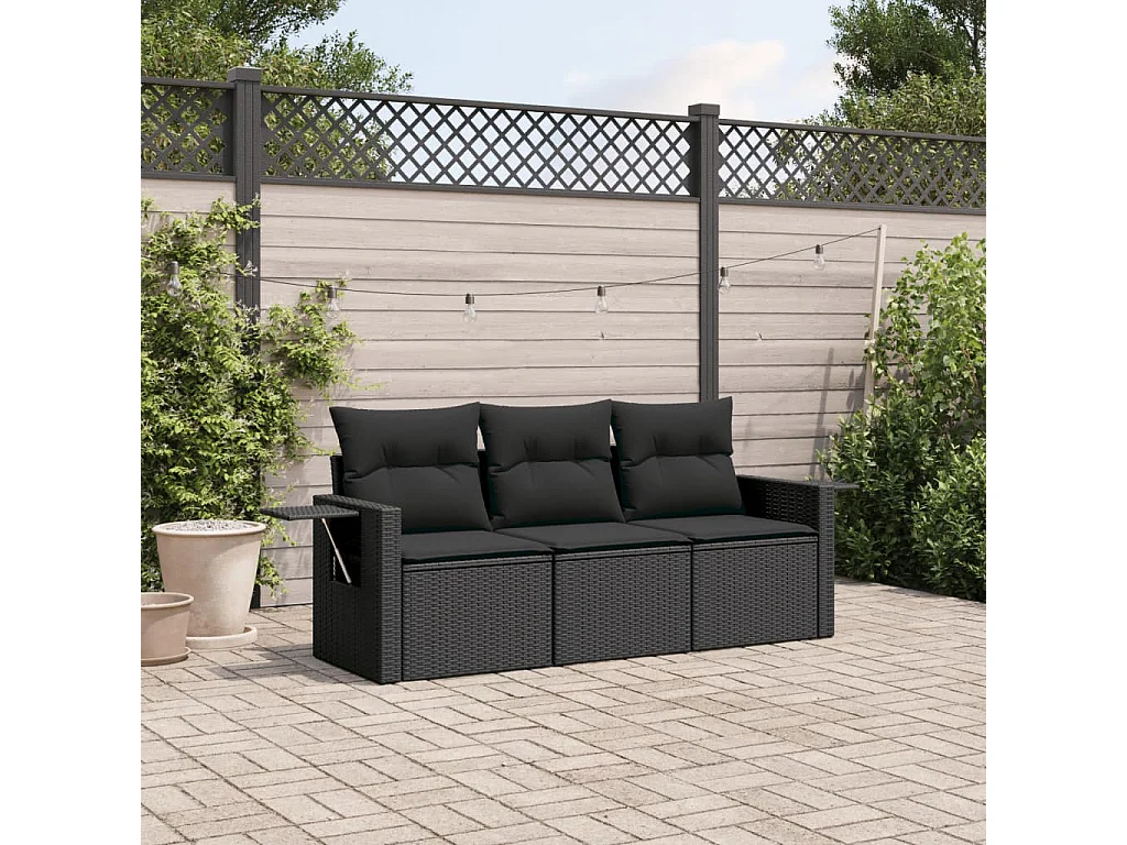 3 pcs conjunto sofás de jardim com almofadões vime PE preto PT643117