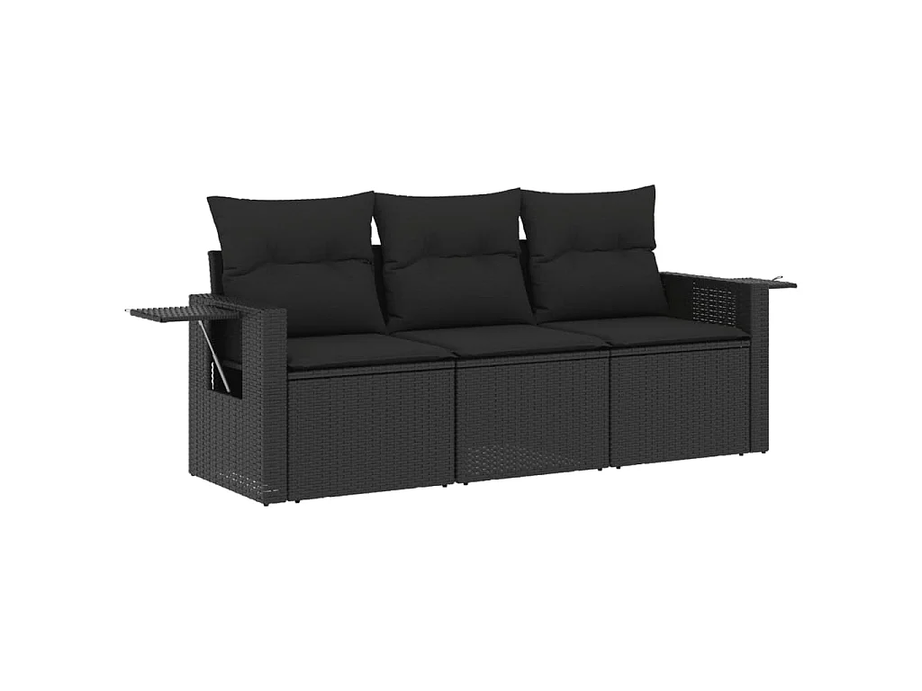 3 pcs conjunto sofás de jardim com almofadões vime PE preto PT643117