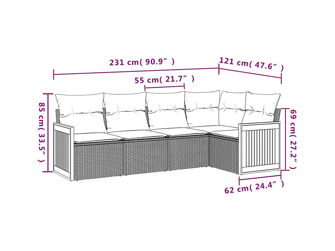 Salon de jardin 5 pcs avec coussins gris résine tressée FR66528