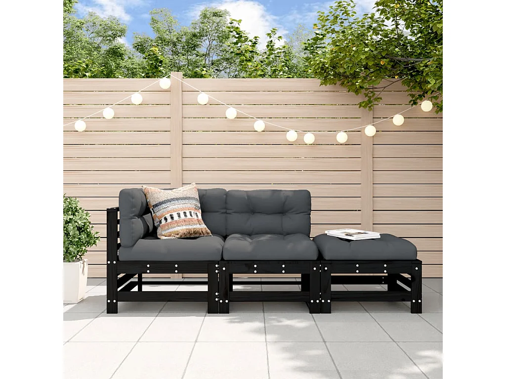 Salon de jardin 3 pcs noir bois massif de pin FR56926