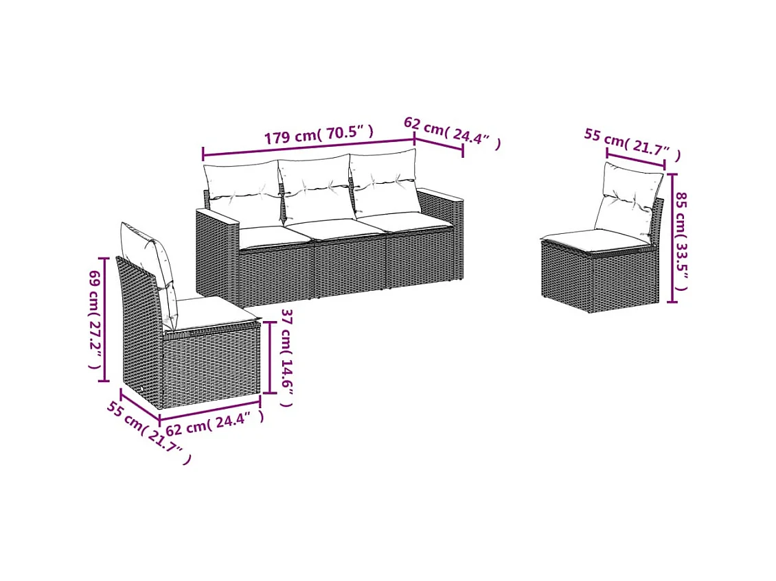 5 pcs conjunto sofás de jardim com almofadões vime PE preto PT139286