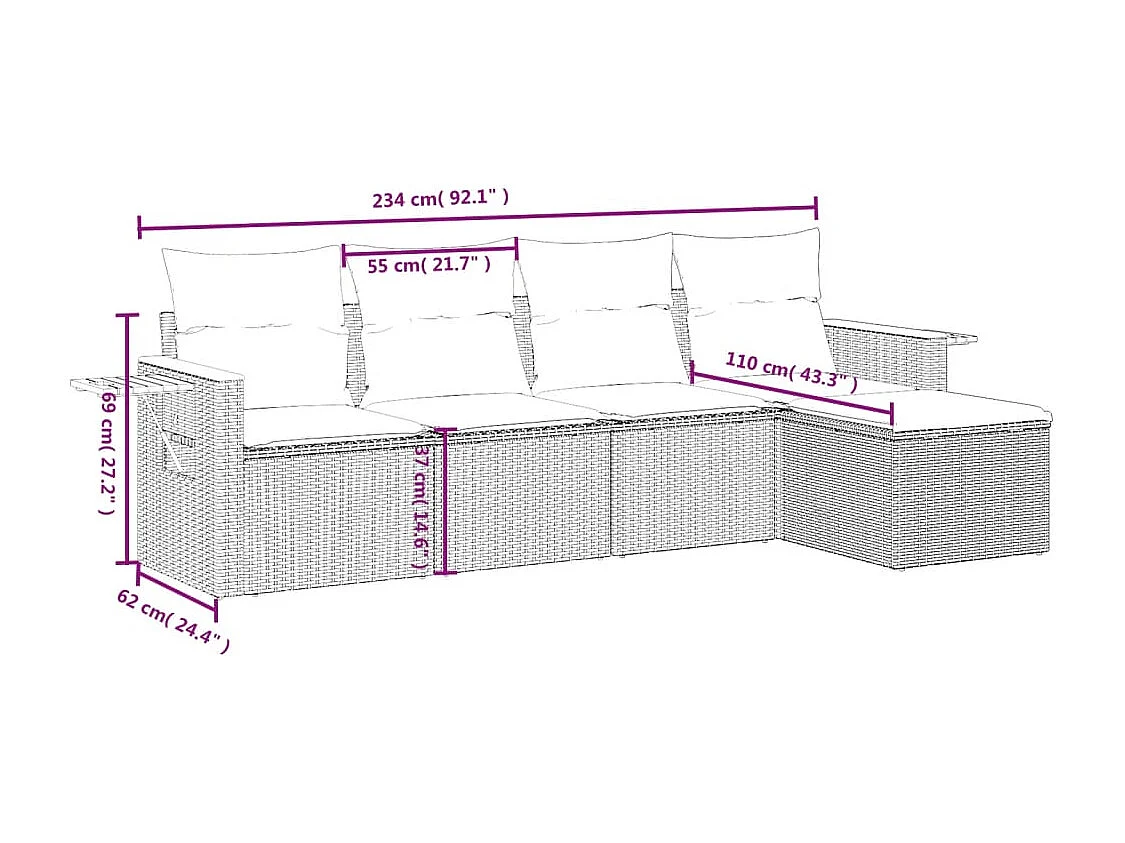 5 pcs conjunto de sofás p/ jardim com almofadões vime PE bege PT245430