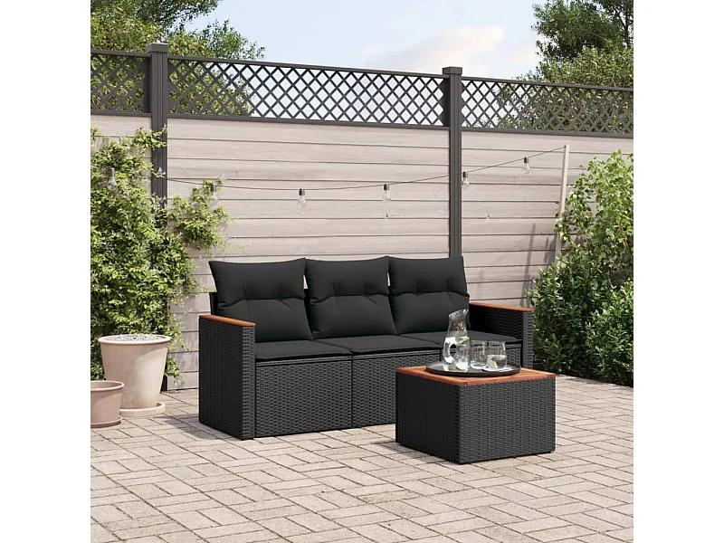 Salon de jardin 4 pcs avec coussins noir résine tressée FR60770