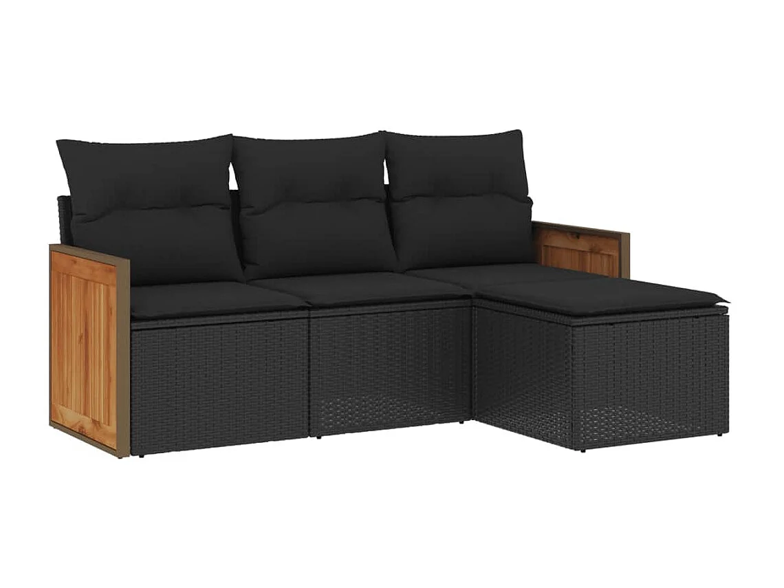 Salon de jardin 4 pcs avec coussins noir résine tressée FR68518