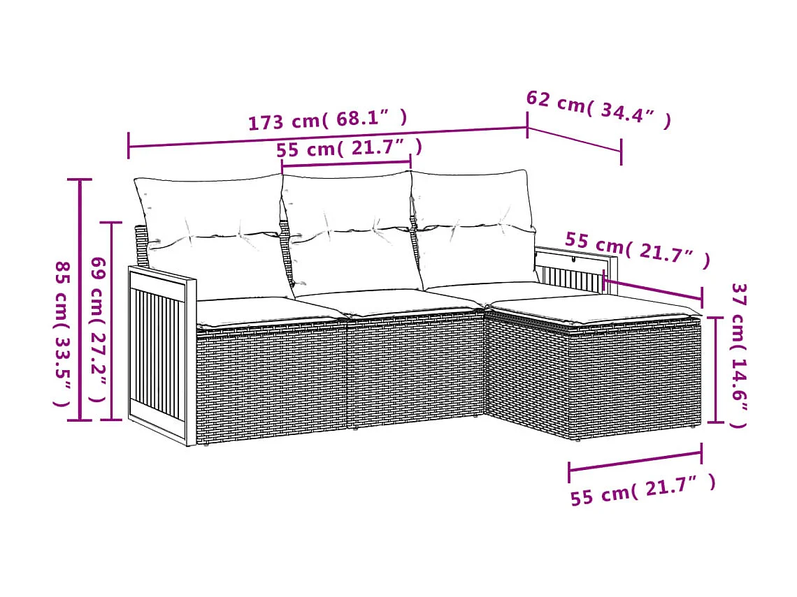 Salon de jardin 4 pcs avec coussins noir résine tressée FR68518