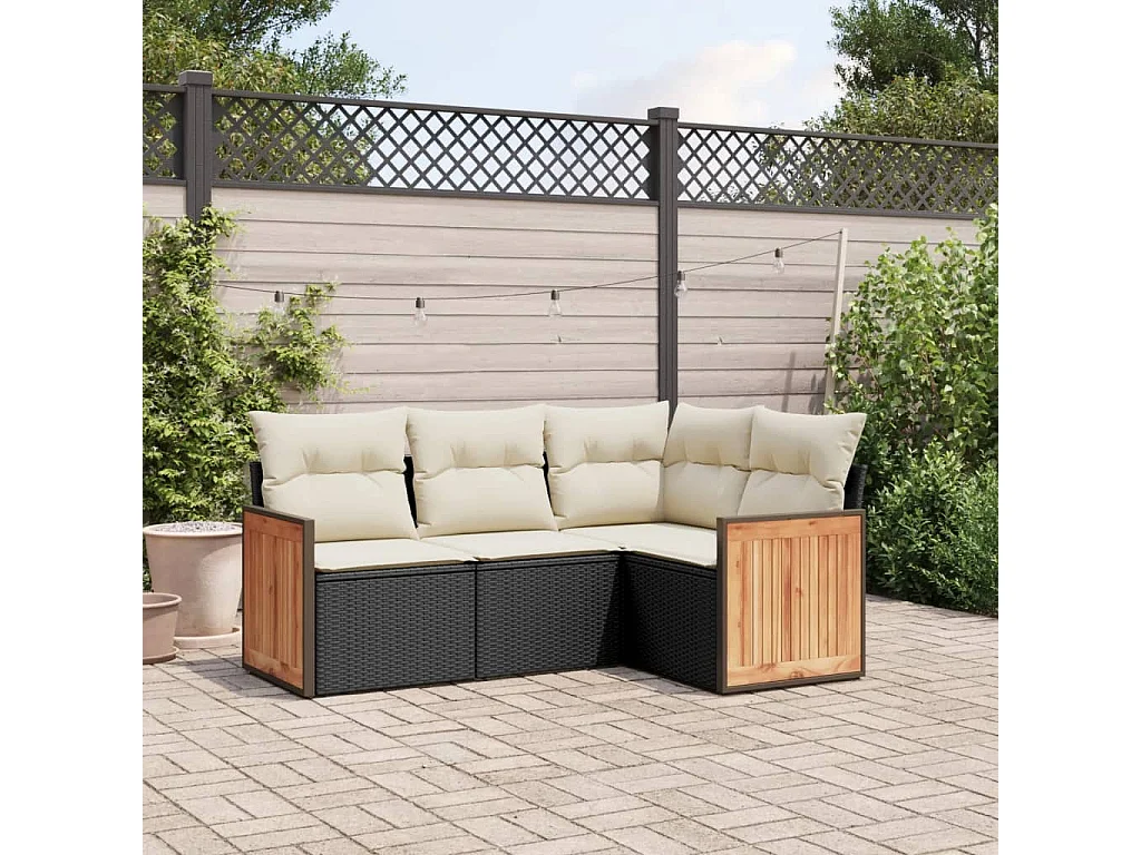 Salon de jardin 4 pcs avec coussins noir résine tressée FR71464