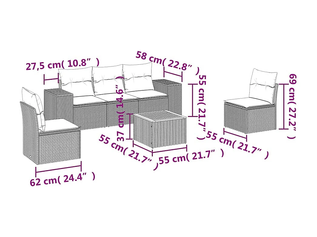 6 pcs conjunto sofás de jardim com almofadões vime cinzento PT699802