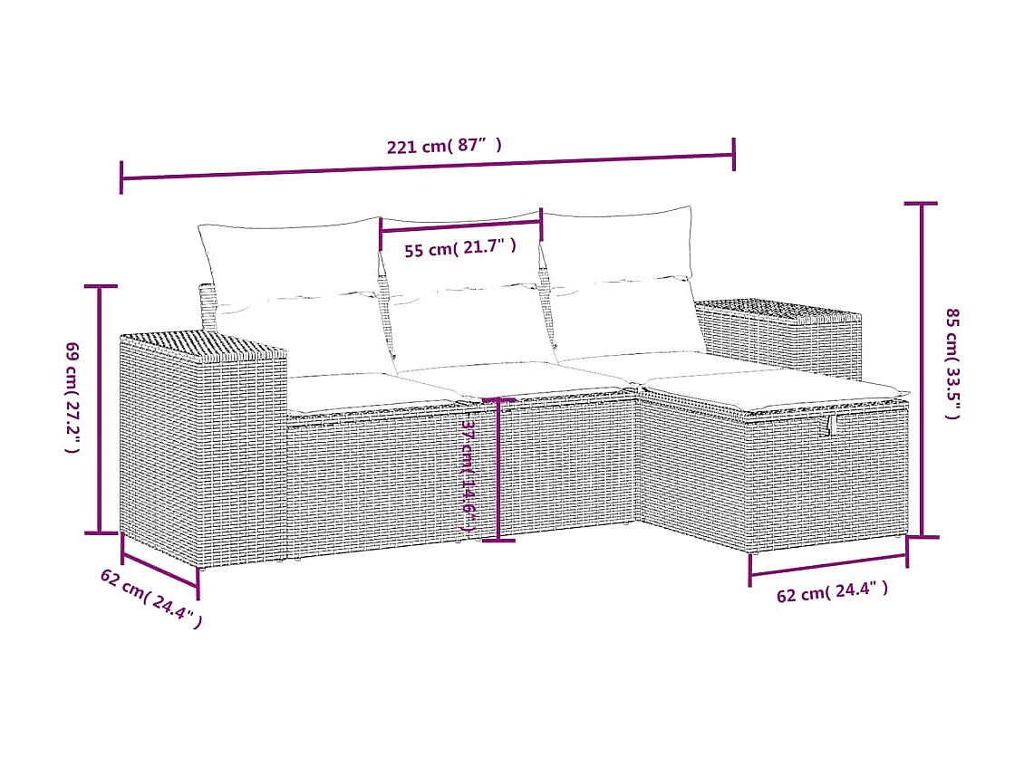 Conjunto de jardín con cojines beige mezcla 4 pzas ratán PE ES109422
