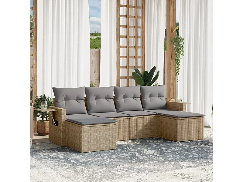 6 pcs conjunto de sofás p/ jardim com almofadões vime PE bege PT336333