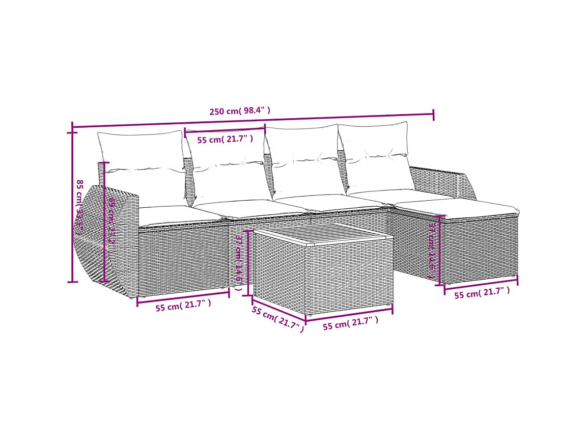 6 pcs conjunto sofás de jardim com almofadões vime cinzento PT990857