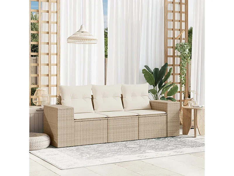 3 pcs conjunto de sofás p/ jardim com almofadões vime PE bege PT717492