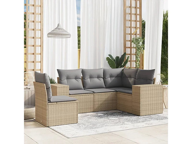 5 pcs conjunto de sofás p/ jardim com almofadões vime PE bege PT666934