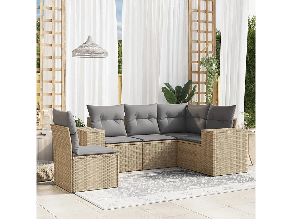 5 pcs conjunto de sofás p/ jardim com almofadões vime PE bege PT666934