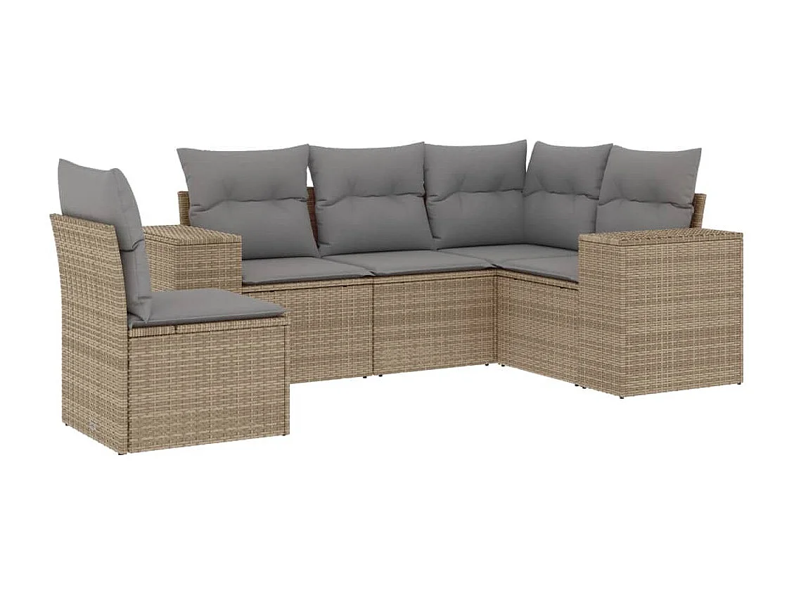 5 pcs conjunto de sofás p/ jardim com almofadões vime PE bege PT666934